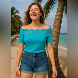 Turquoise Off-Shoulder Lace Top